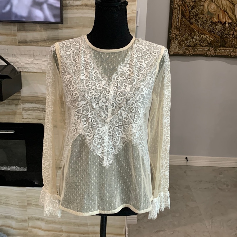 Endless Rose Long Sleeve Cream Sheer Lace Blouse Size M (148)